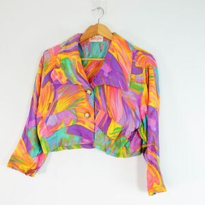 80s Vintage Psychedelic Crop Shirt M Gold Pearl Button Baggy Y2K MIKADO‎ Whimsy
